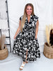 Black & White Floral Print Midi Dress With Smocked Waist - Whiskey Skies - SHE + SKY