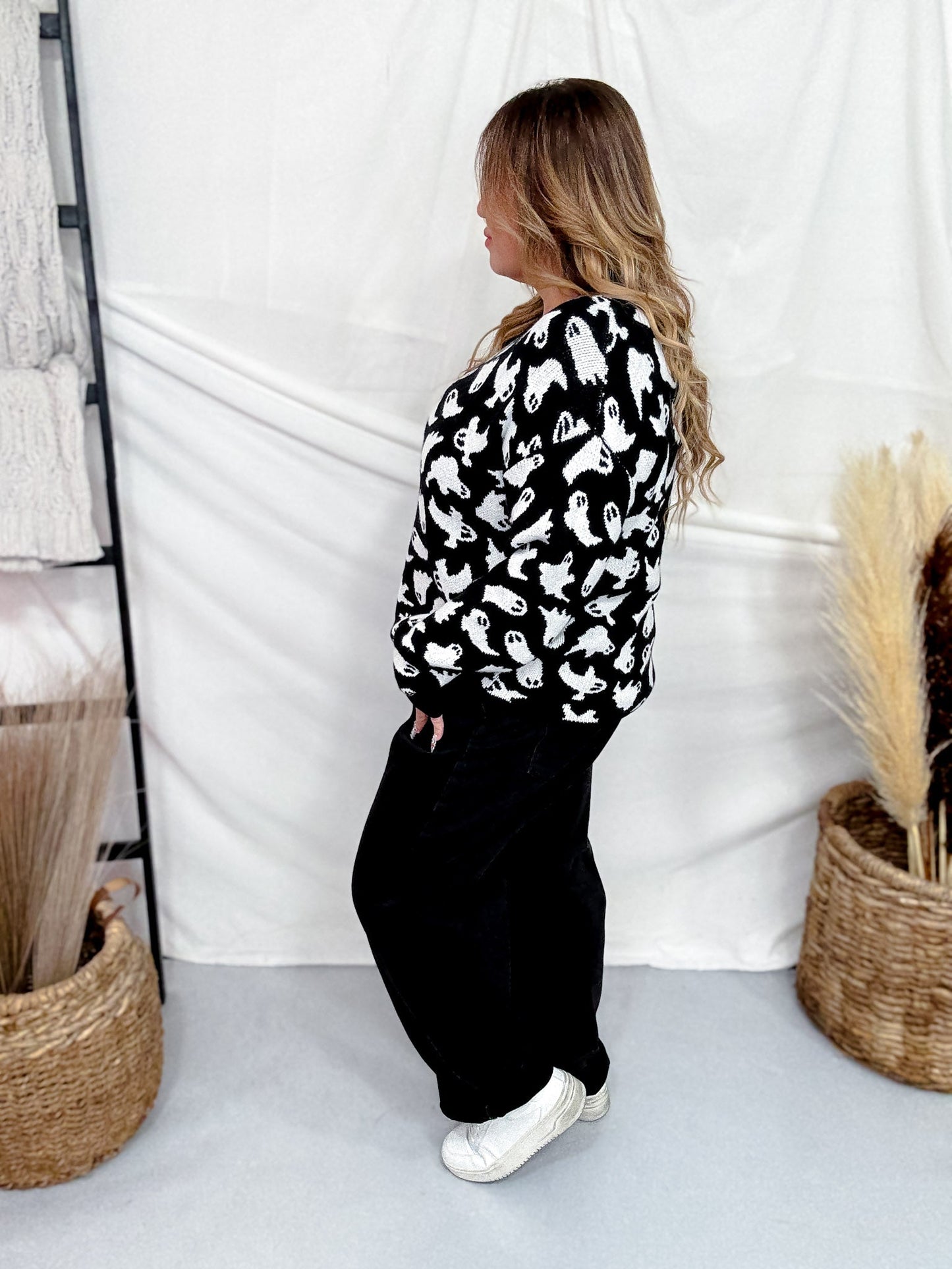 Black & White Ghost Print Pullover Sweater - Whiskey Skies - MICHELLE MAE