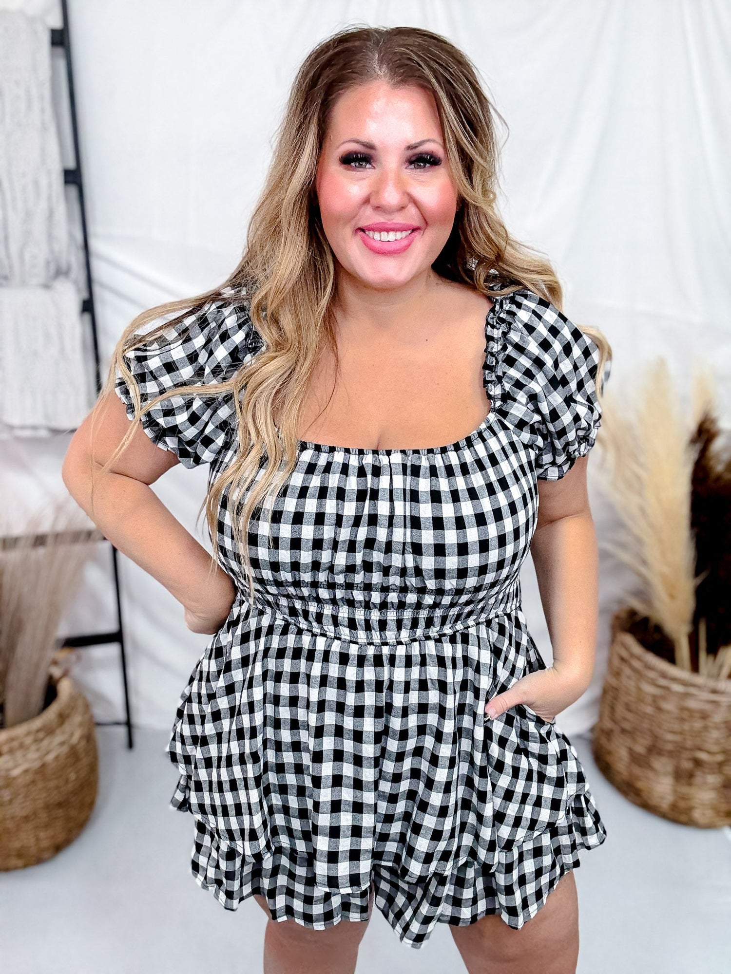 Black & White Gingham Print Puff Short Sleeve Romper Final Sale Black & White Gingham Print Puff Short Sleeve Romper Final Sale