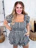 Black & White Gingham Print Puff Short Sleeve Romper - Whiskey Skies - JADE BY JANE
