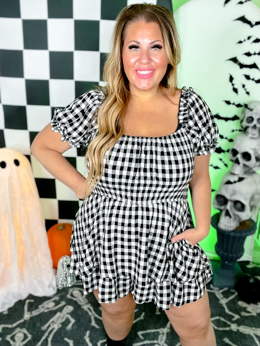 Black & White Gingham Print Puff Short Sleeve Romper - Whiskey Skies - JADE BY JANE