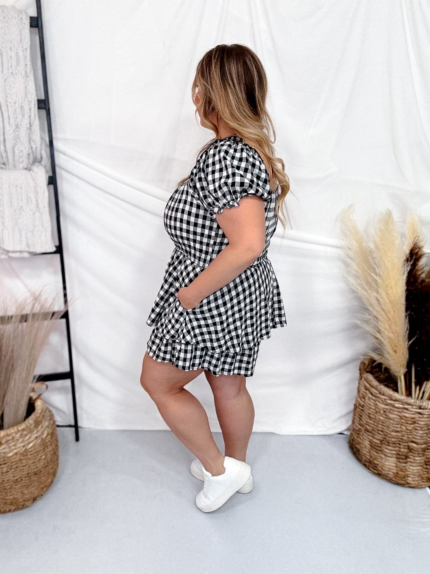 Black & White Gingham Print Puff Short Sleeve Romper - Whiskey Skies - JADE BY JANE