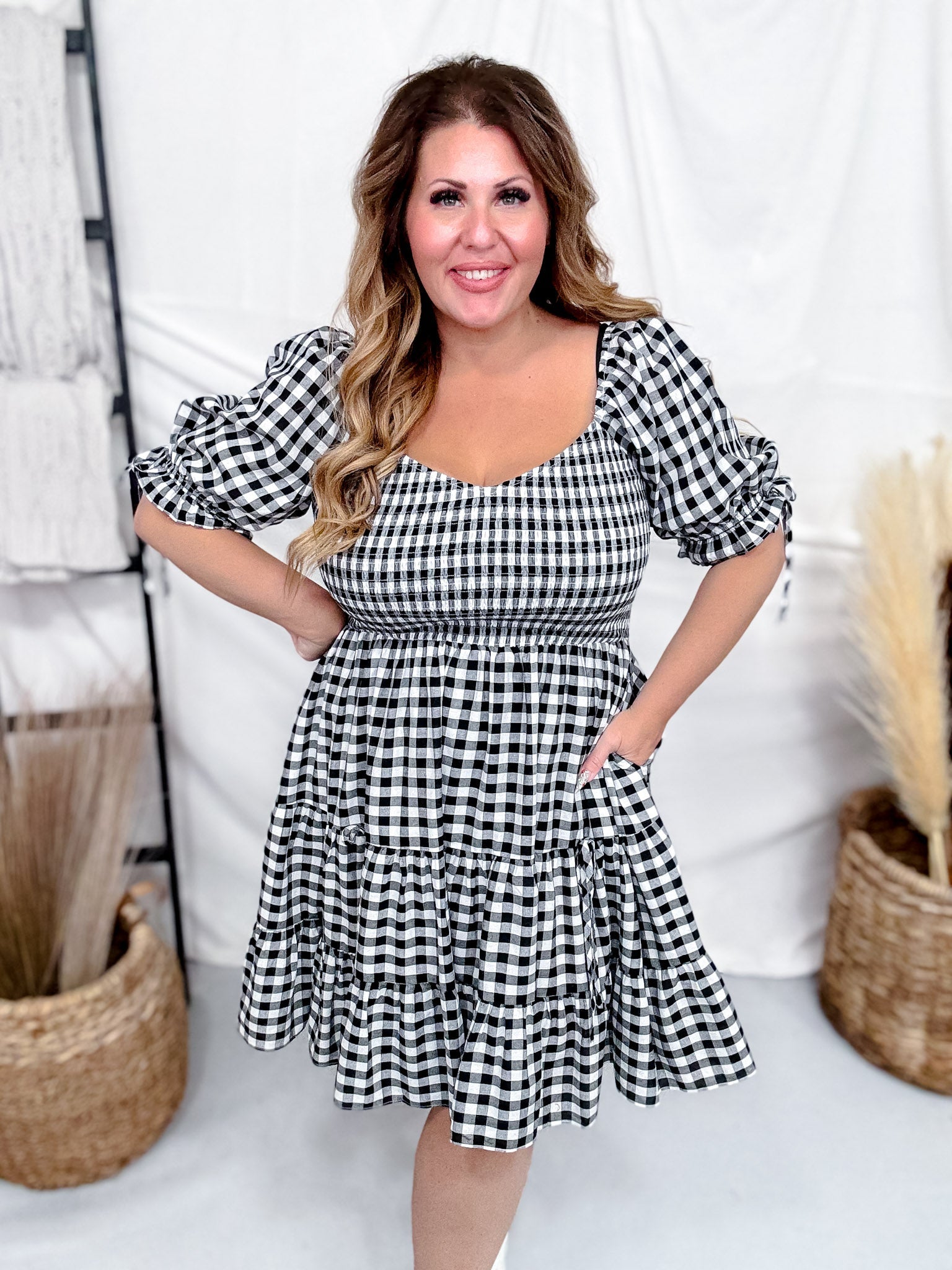 Black & White Gingham Puff Sleeve Midi Dress FINAL SALE 2XL