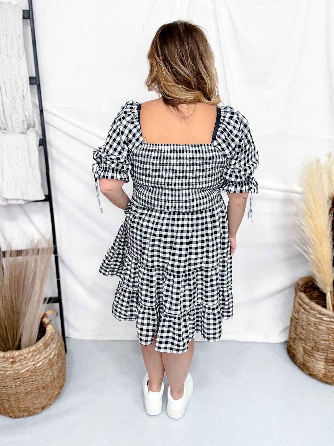 Black & White Gingham Puff Sleeve Midi Dress - Whiskey Skies - ODDI