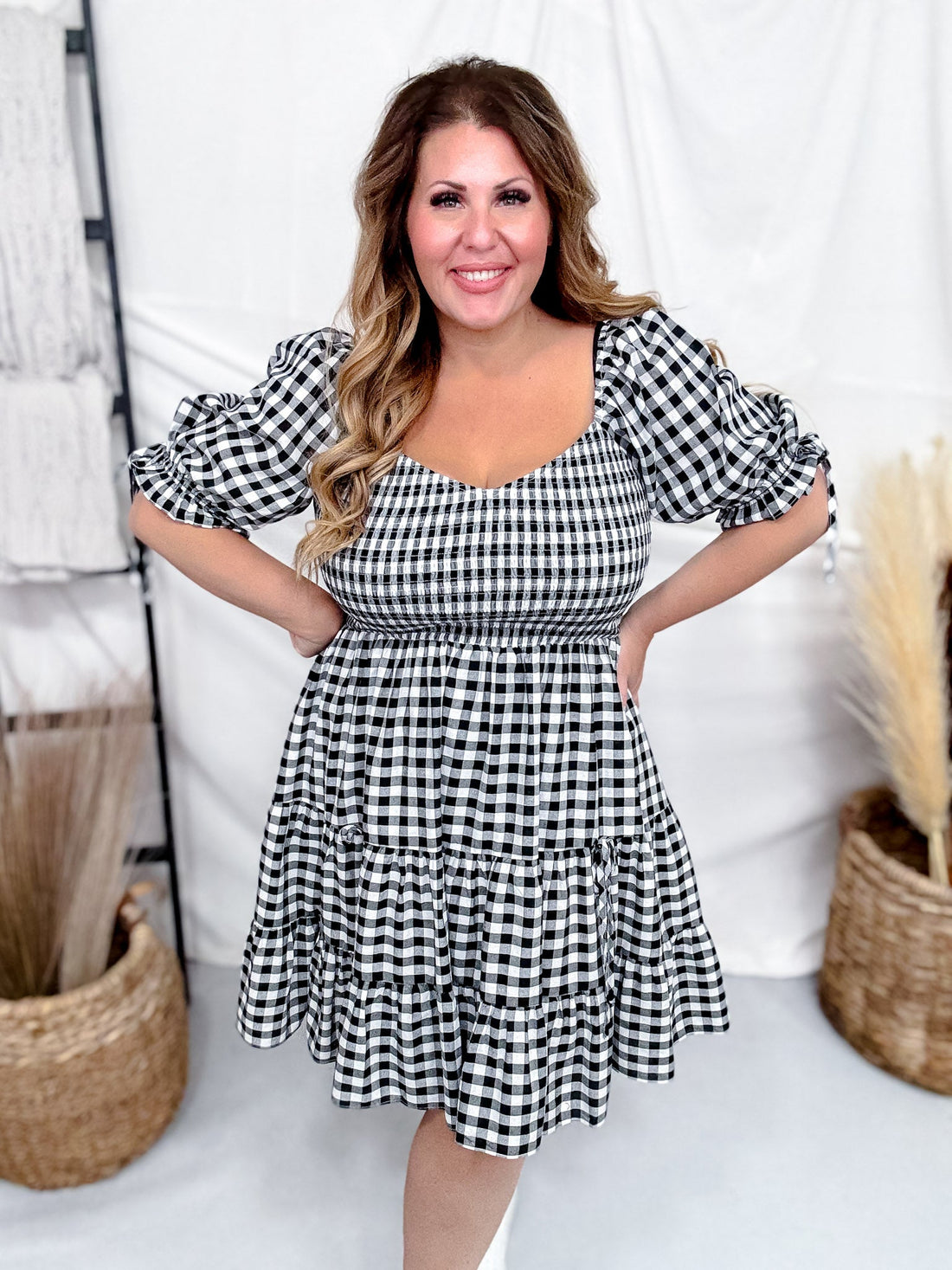 Black & White Gingham Puff Sleeve Midi Dress - Whiskey Skies - ODDI