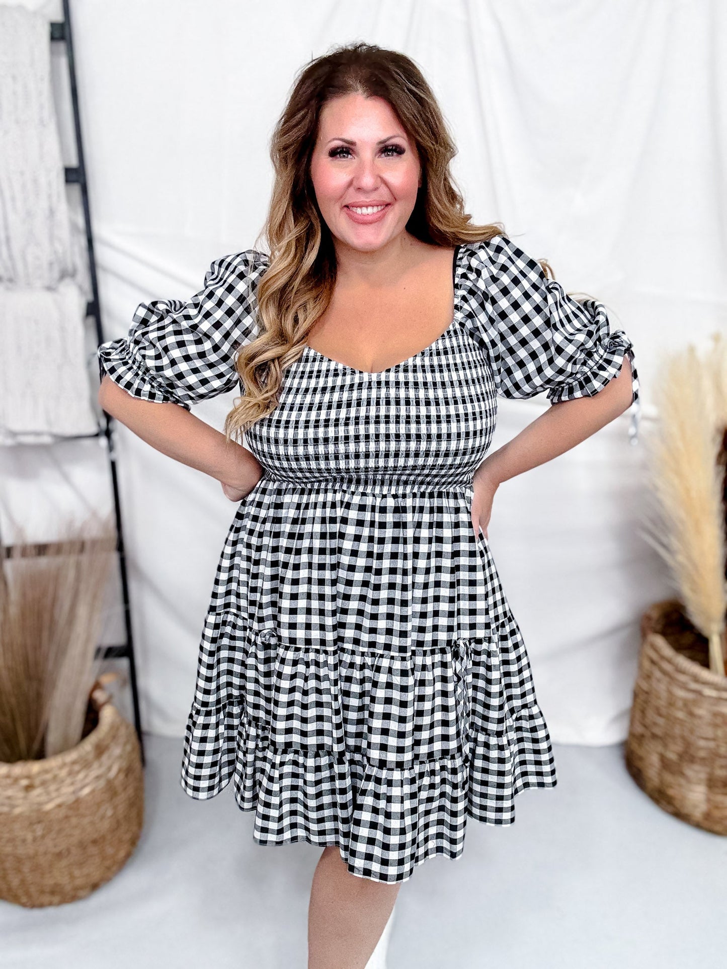 Black & White Gingham Puff Sleeve Midi Dress - Whiskey Skies - ODDI