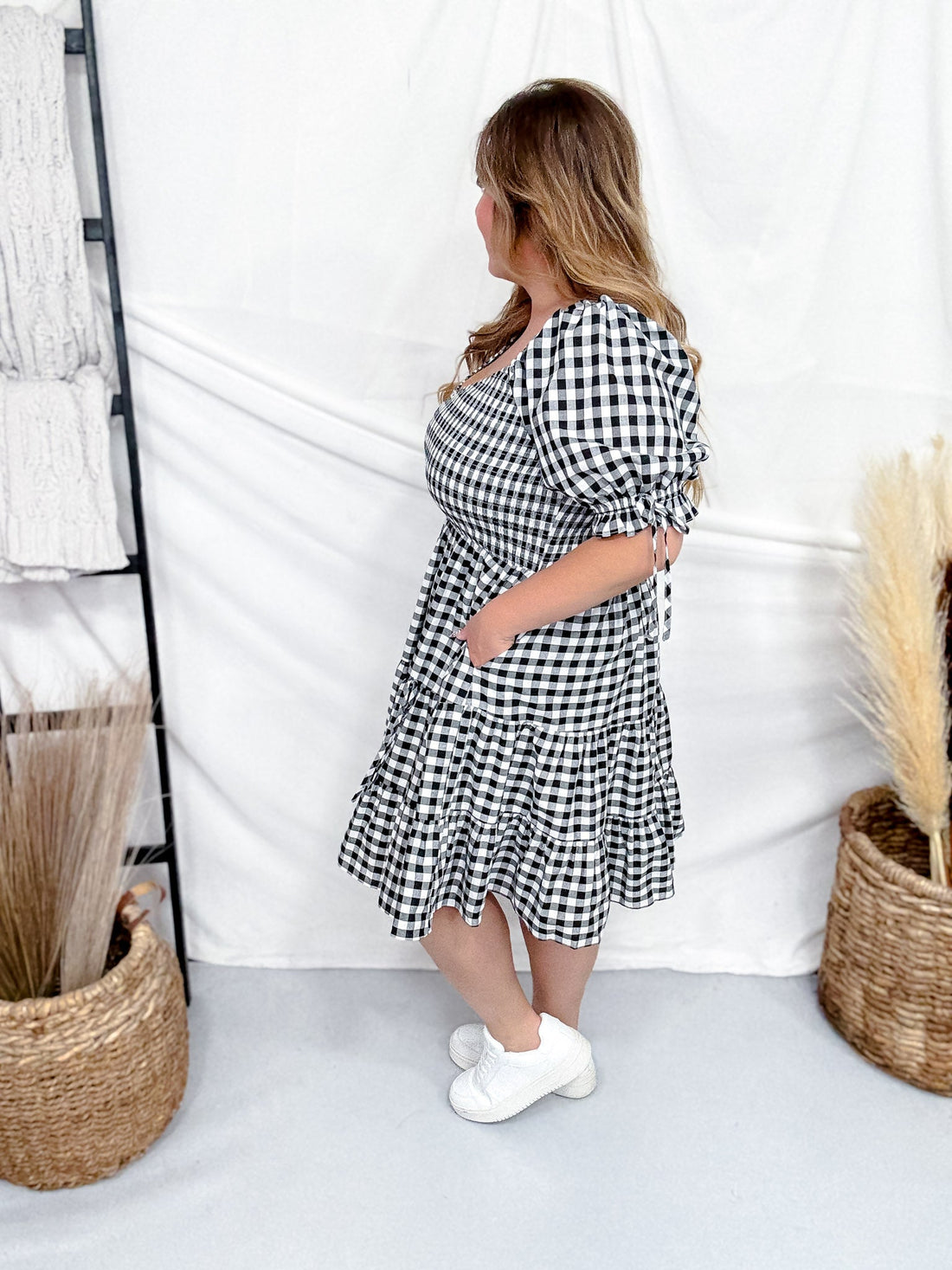 Black & White Gingham Puff Sleeve Midi Dress - Whiskey Skies - ODDI