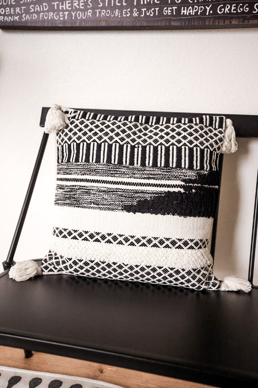 Black & White Loom Woven Pillow W/ Tassels - Whiskey Skies - K&K INTERIORS