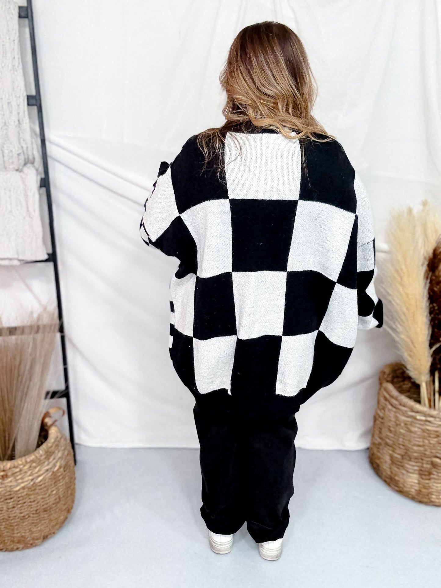 Black & White Mixed Checkerboard Print Cardigan - Whiskey Skies - JADE BY JANE