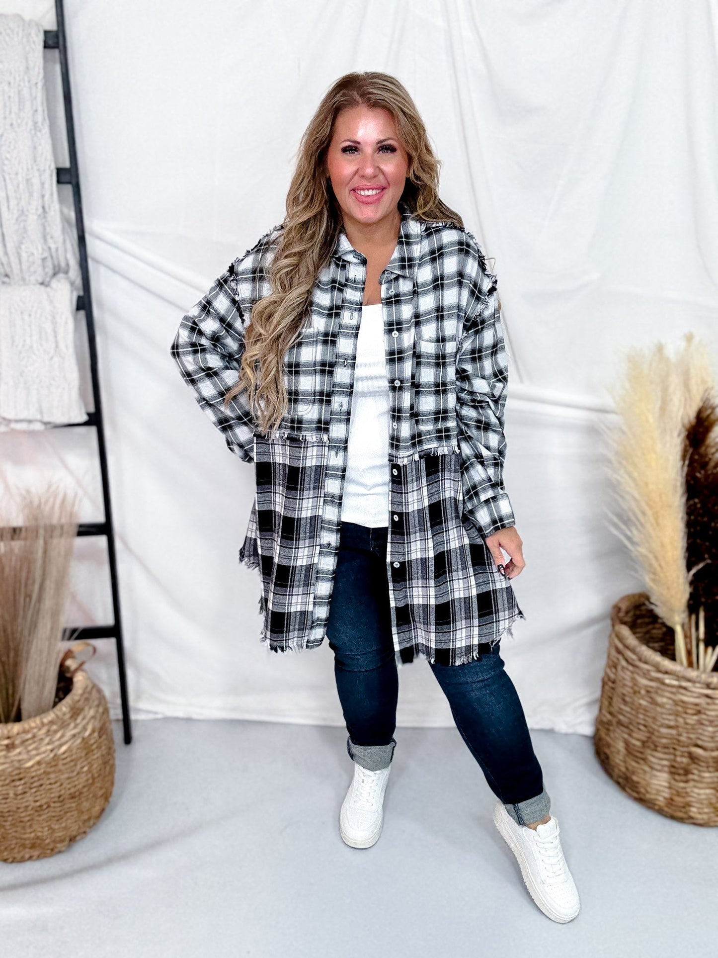 Black & White Plaid Flannel With Fringe Hems - Whiskey Skies - WHITE BIRCH