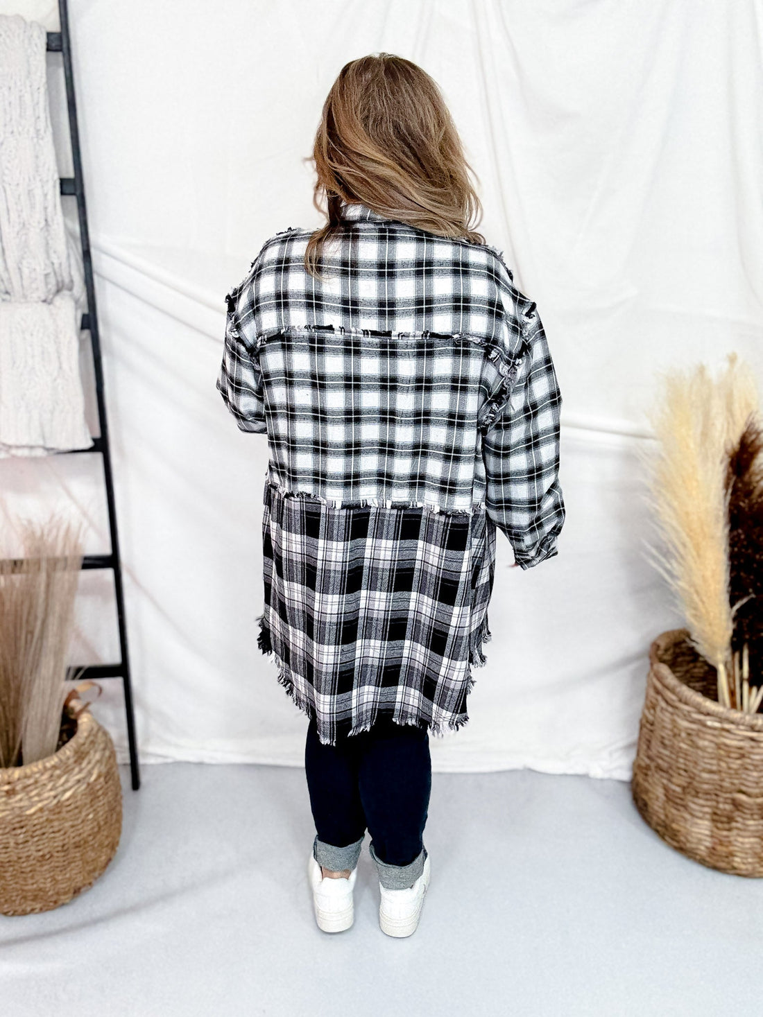 Black & White Plaid Flannel With Fringe Hems - Whiskey Skies - WHITE BIRCH