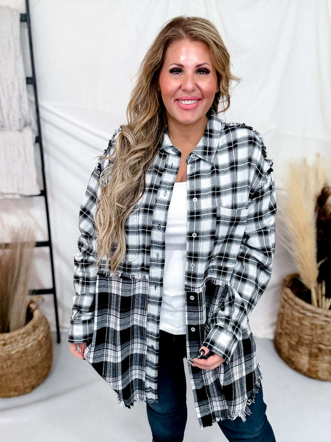 Black & White Plaid Flannel With Fringe Hems - Whiskey Skies - WHITE BIRCH