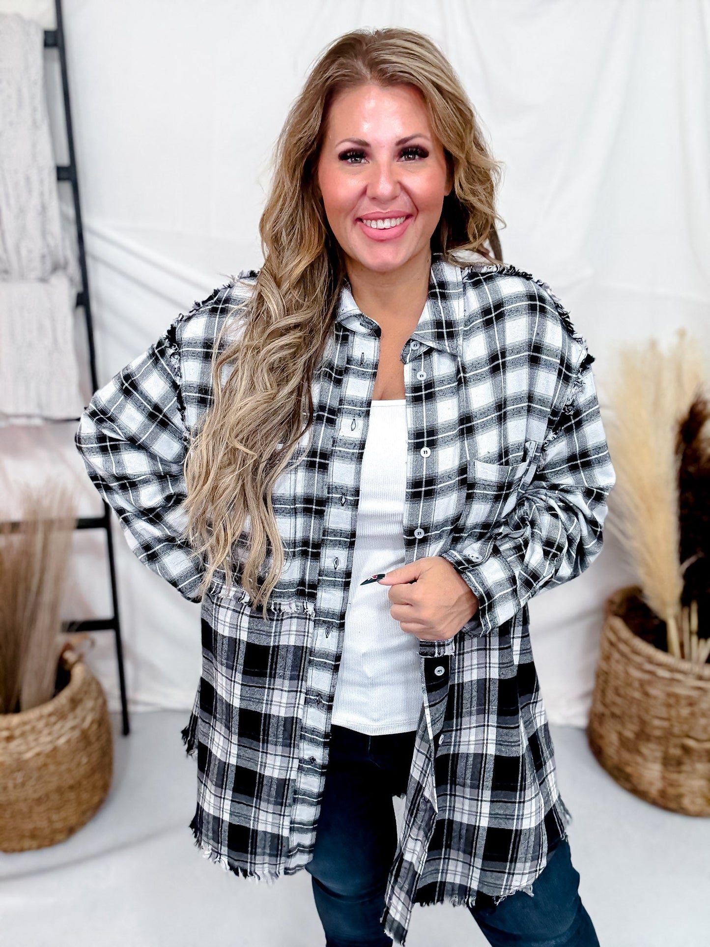 Black & White Plaid Flannel With Fringe Hems - Whiskey Skies - WHITE BIRCH