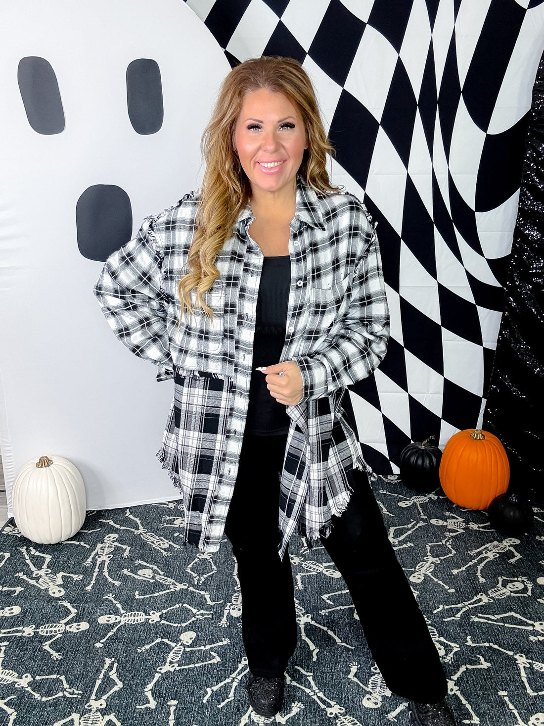 Black & White Plaid Flannel With Fringe Hems - Whiskey Skies - WHITE BIRCH