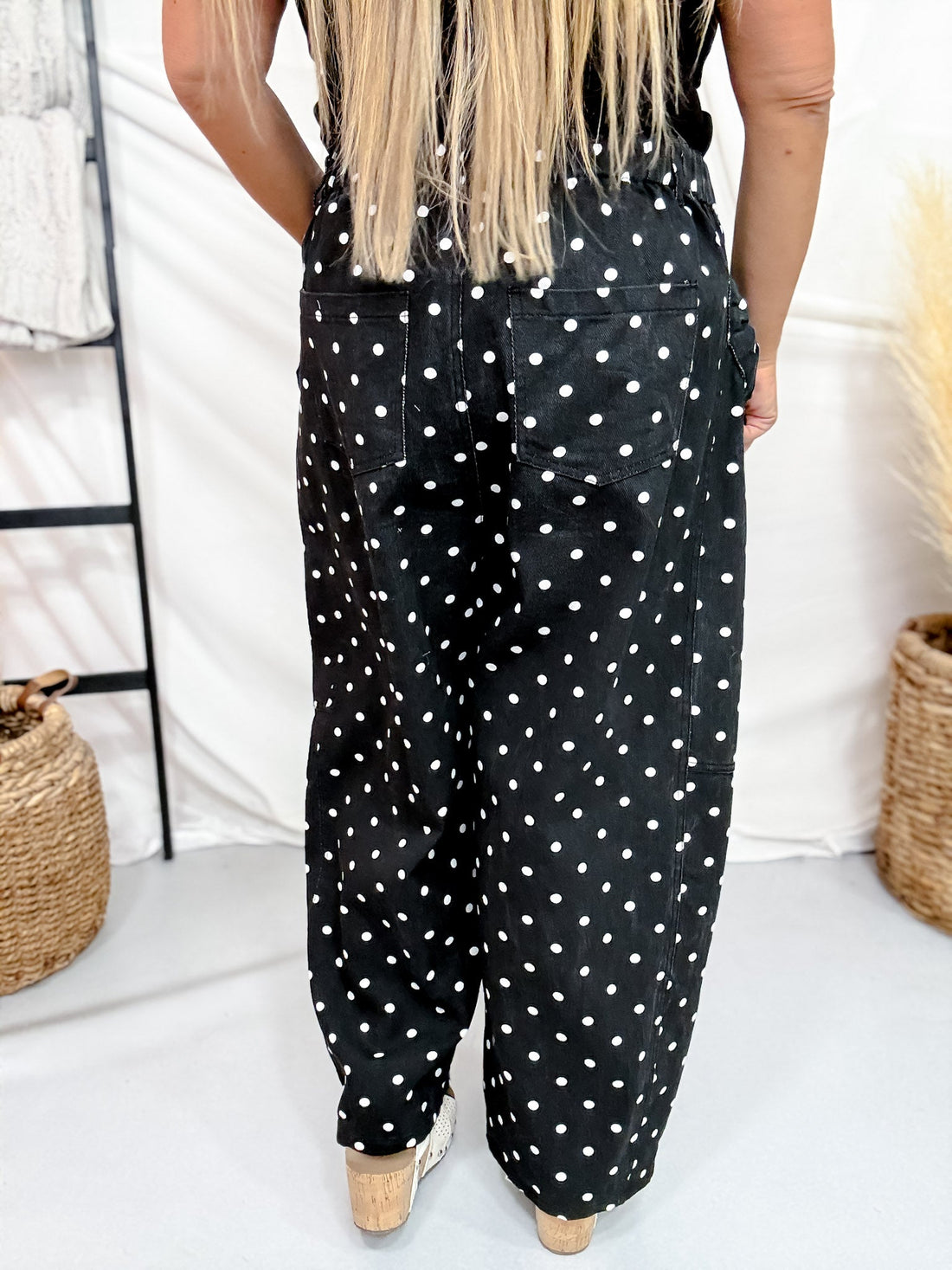 Black & White Polka Dot Cropped High Waist Tapered Leg Pants - Whiskey Skies - ODDI