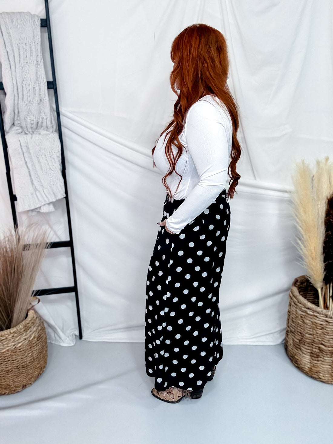 Black & White Polka Dot Pleated Cropped Wide Leg Pants - Whiskey Skies - HEIMISH