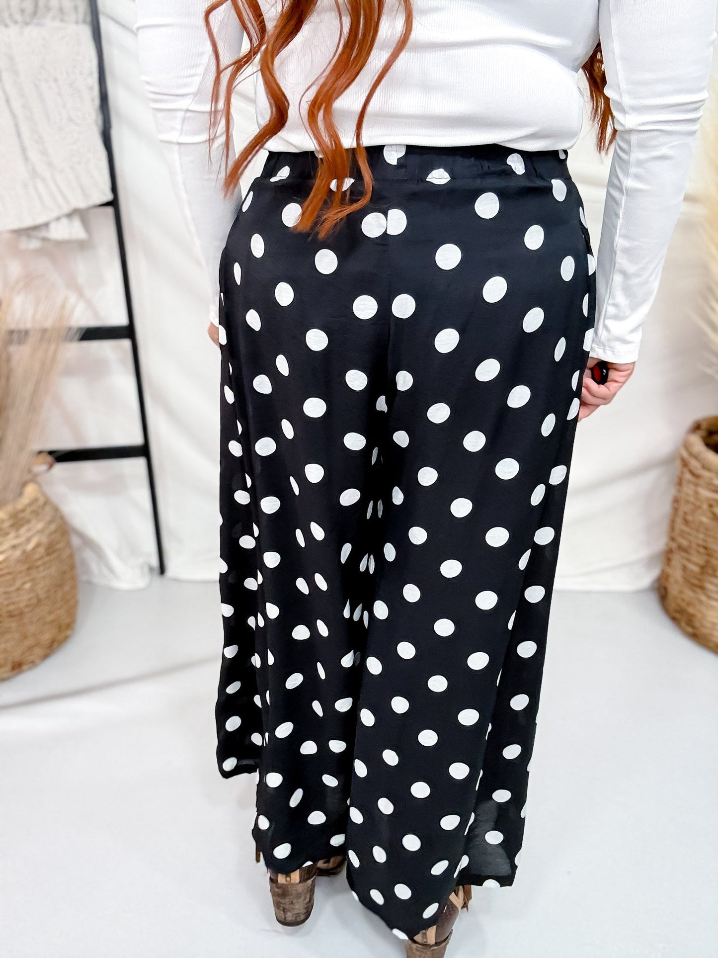 Black & White Polka Dot Pleated Cropped Wide Leg Pants - Whiskey Skies - HEIMISH