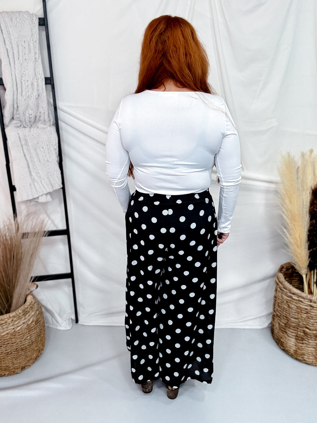 Black & White Polka Dot Pleated Cropped Wide Leg Pants - Whiskey Skies - HEIMISH