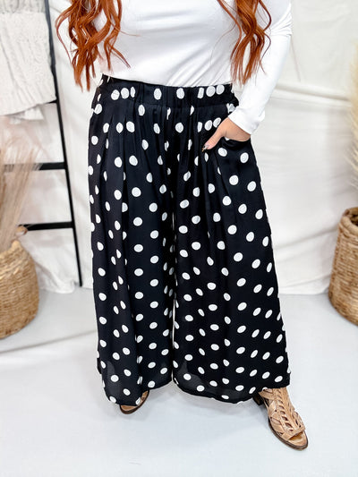 Black & White Polka Dot Pleated Cropped Wide Leg Pants - Whiskey Skies - HEIMISH