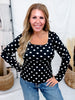 Black & White Polka Dot Ribbed Square Neck Long Sleeve Top - Whiskey Skies - SOUTHERN GRACE