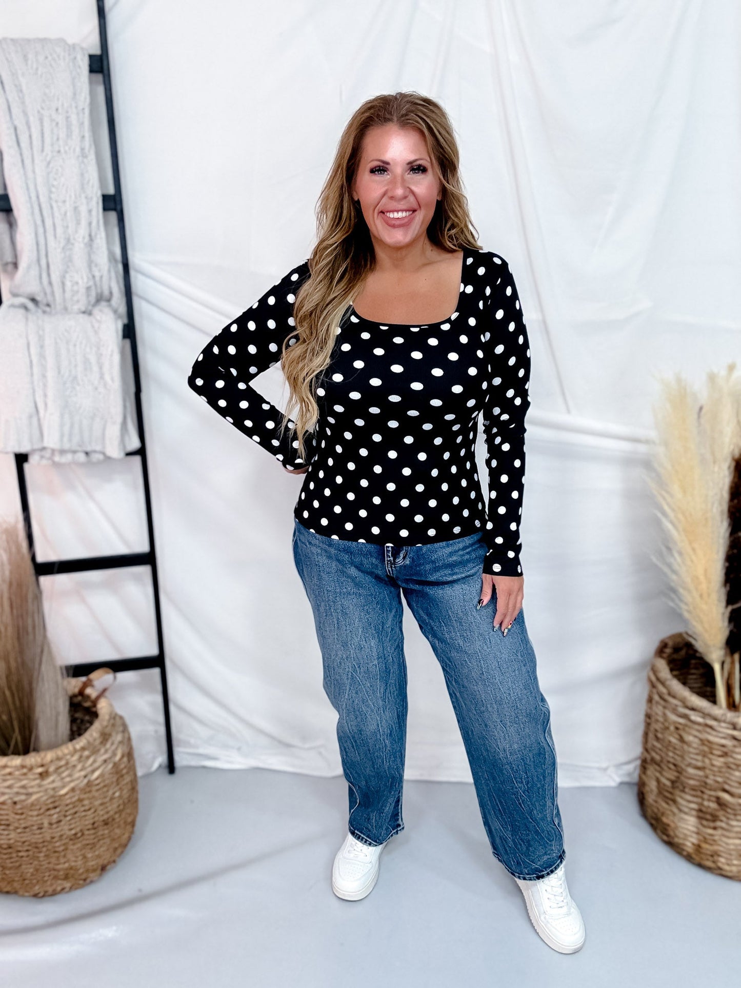 Black & White Polka Dot Ribbed Square Neck Long Sleeve Top - Whiskey Skies - SOUTHERN GRACE