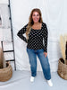 Black & White Polka Dot Ribbed Square Neck Long Sleeve Top - Whiskey Skies - SOUTHERN GRACE