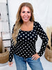 Black & White Polka Dot Ribbed Square Neck Long Sleeve Top - Whiskey Skies - SOUTHERN GRACE