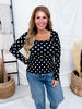 Black & White Polka Dot Ribbed Square Neck Long Sleeve Top - Whiskey Skies - SOUTHERN GRACE