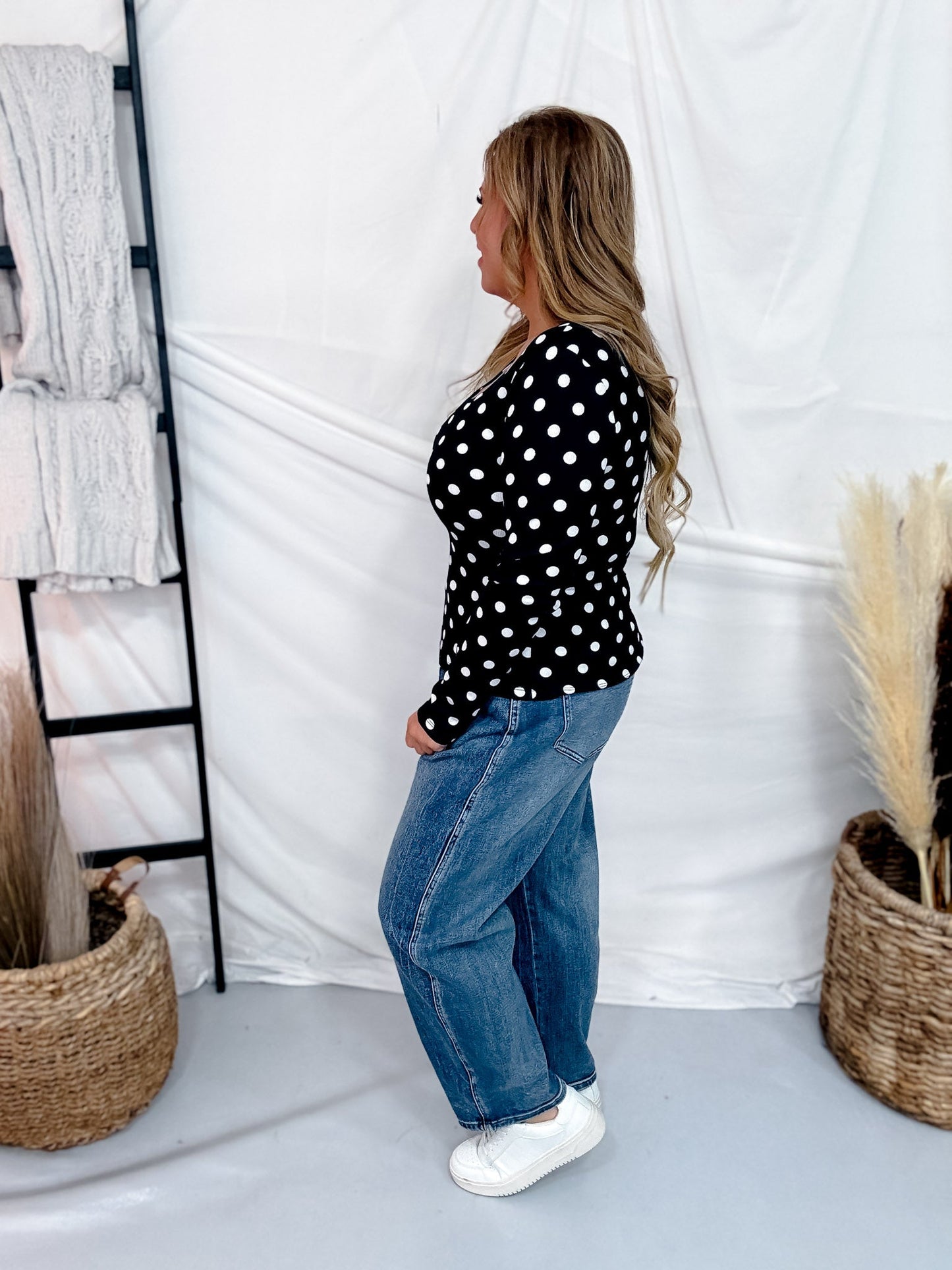 Black & White Polka Dot Ribbed Square Neck Long Sleeve Top - Whiskey Skies - SOUTHERN GRACE