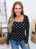 Black & White Polka Dot Ribbed Square Neck Long Sleeve Top - Whiskey Skies - SOUTHERN GRACE