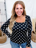Black & White Polka Dot Ribbed Square Neck Long Sleeve Top - Whiskey Skies - SOUTHERN GRACE