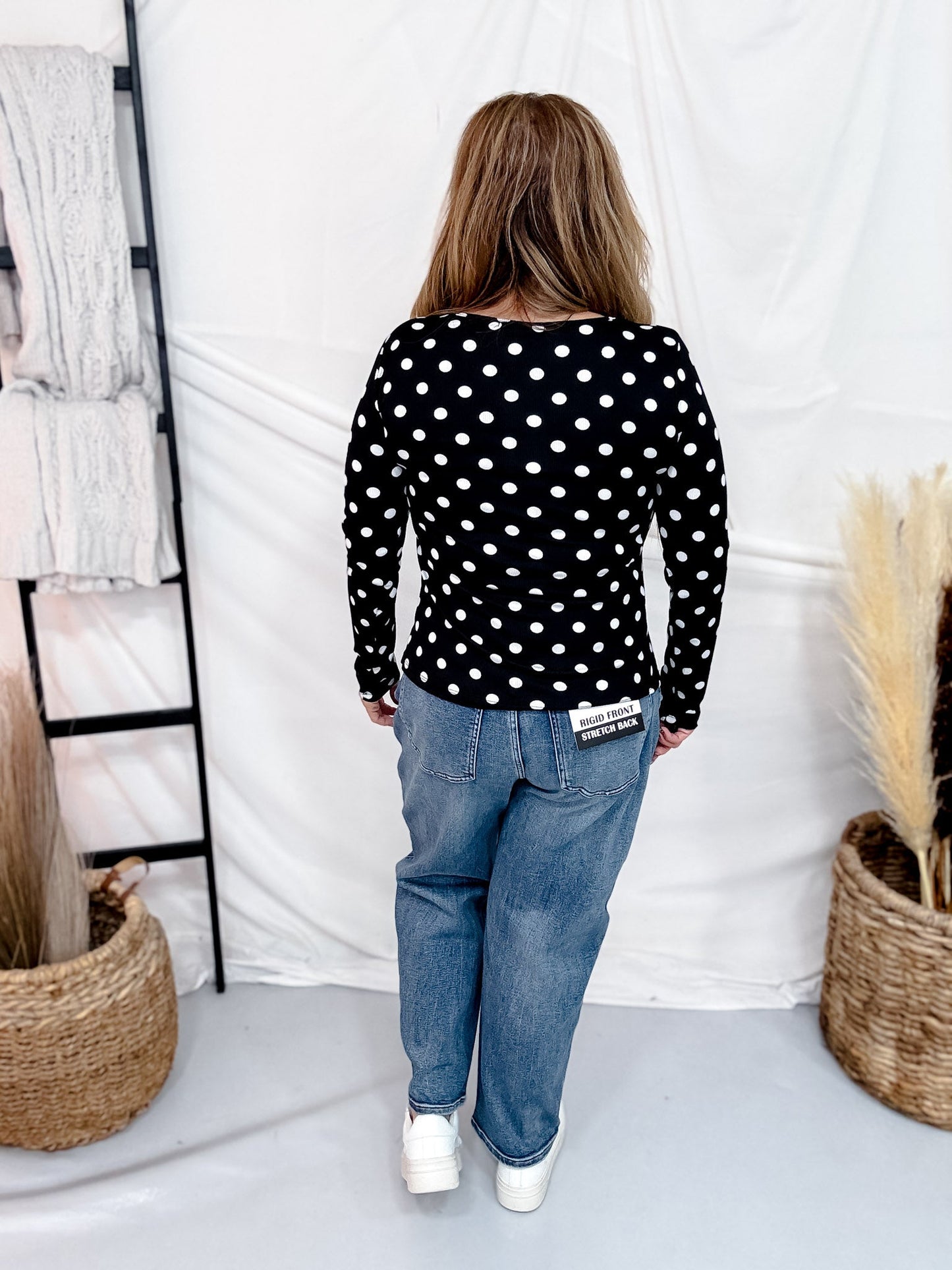 Black & White Polka Dot Ribbed Square Neck Long Sleeve Top - Whiskey Skies - SOUTHERN GRACE