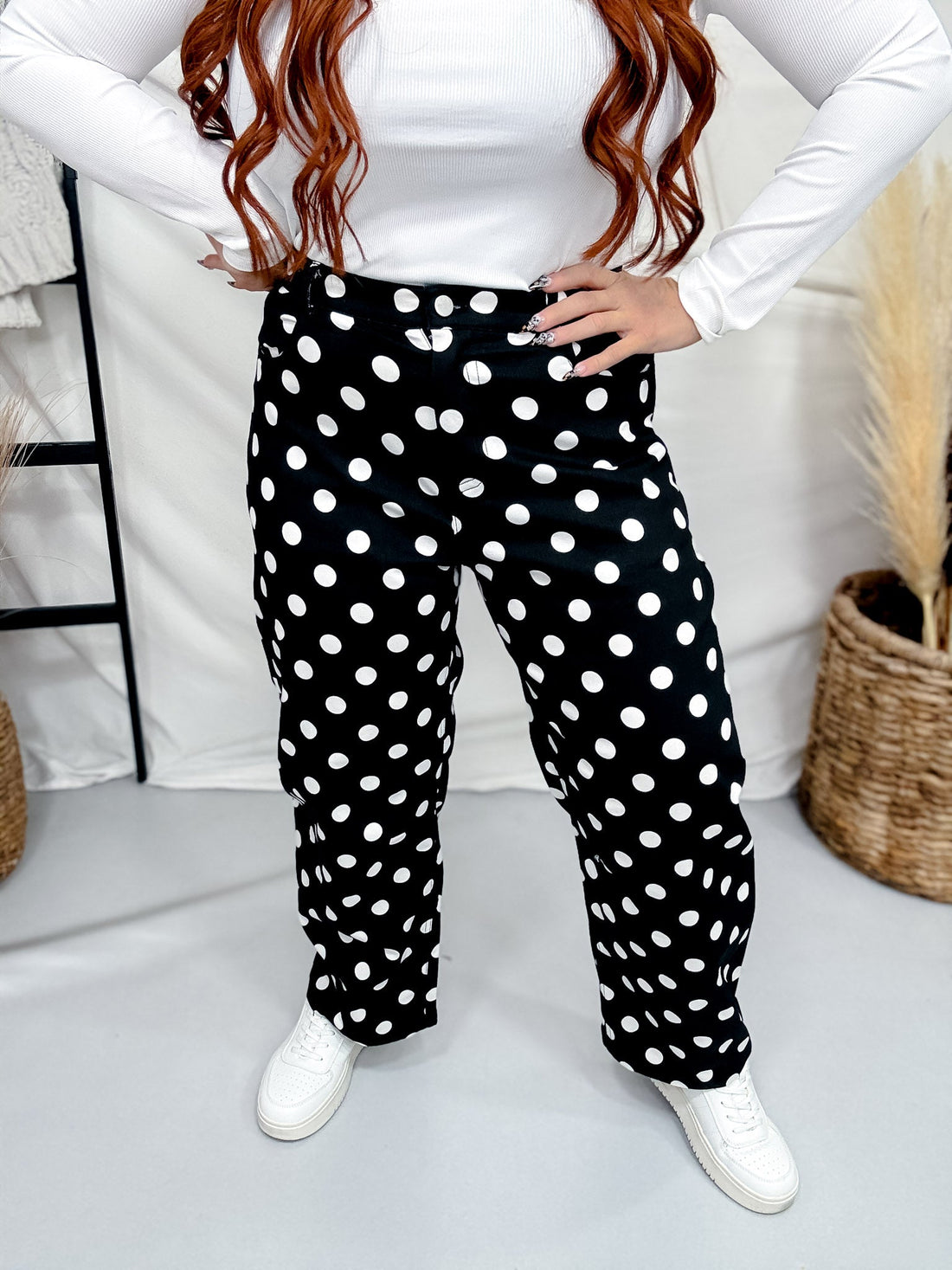 Black & White Polka Dot Straight Leg Pants - Whiskey Skies - HEIMISH