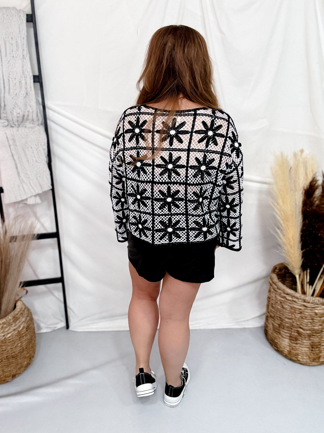 Black & White Square Crochet Long Sleeve Sweater - Whiskey Skies - SEW IN LOVE