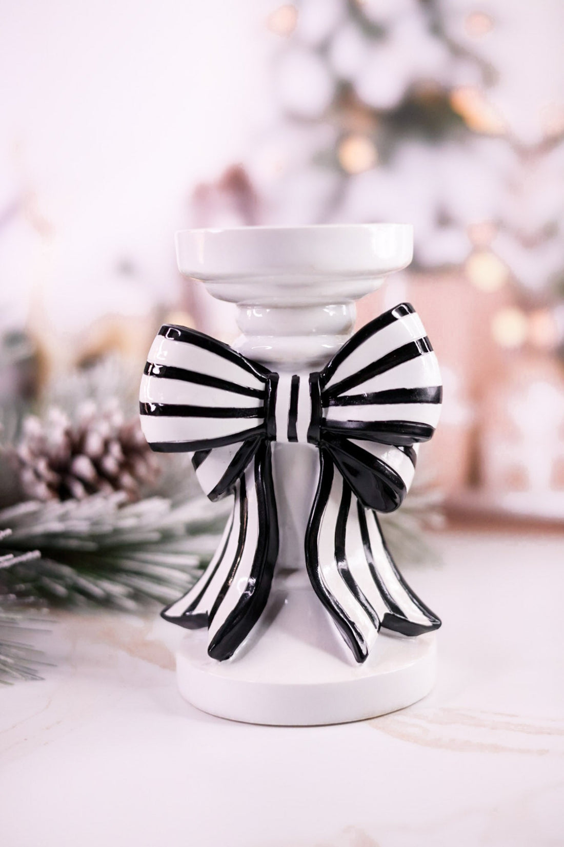 Black & White Striped Bow Resin Candle Holders (2 Sizes) - Whiskey Skies - RAZ IMPORTS