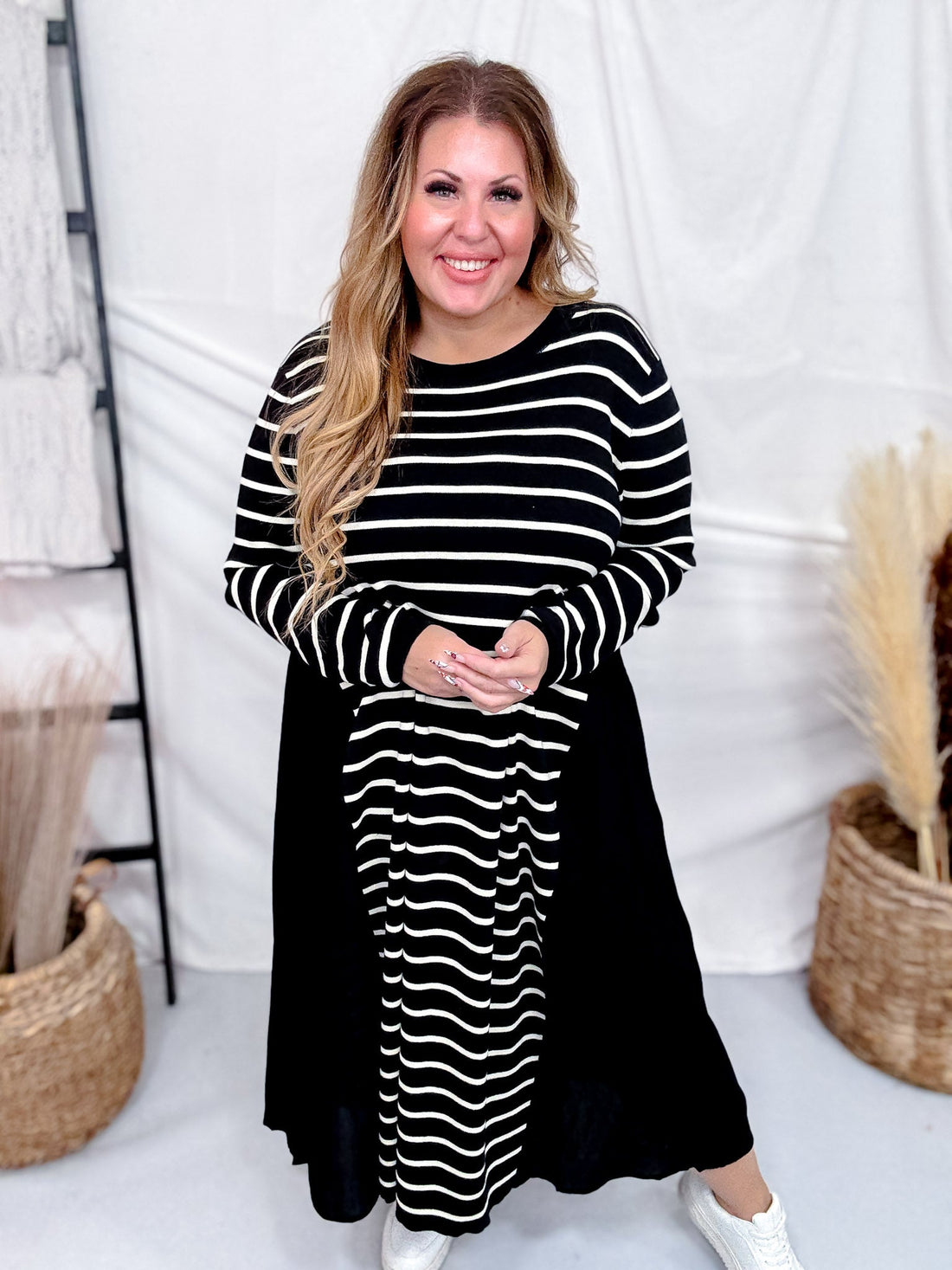 Black & White Striped Color Block Long Sleeve Dress - Whiskey Skies - J.NNA