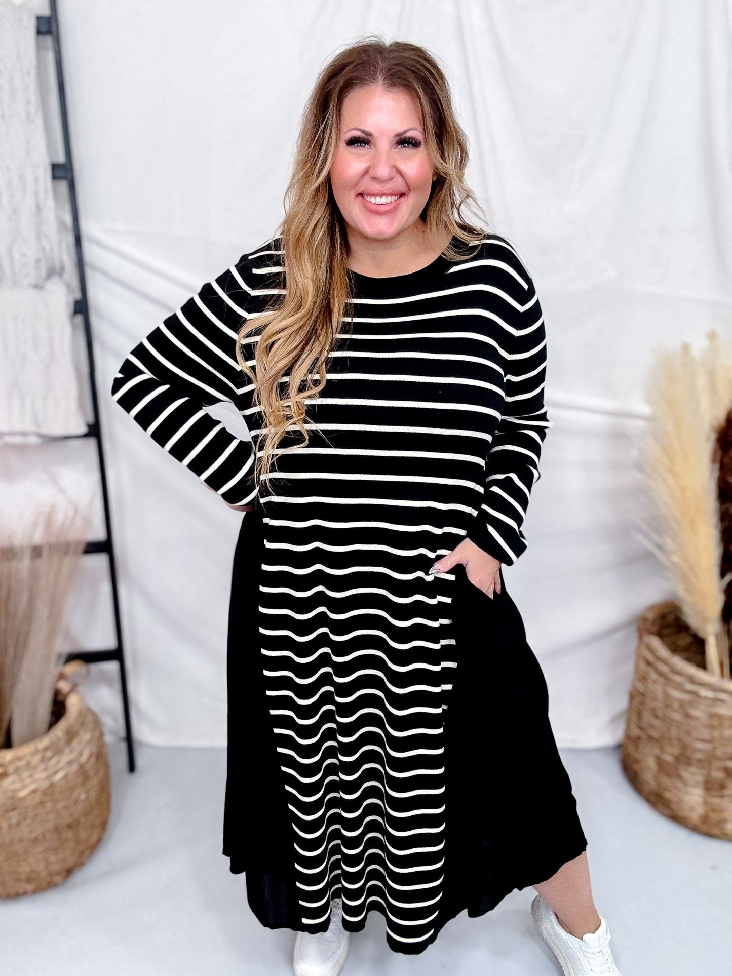 Black & White Striped Color Block Long Sleeve Dress - Whiskey Skies - J.NNA