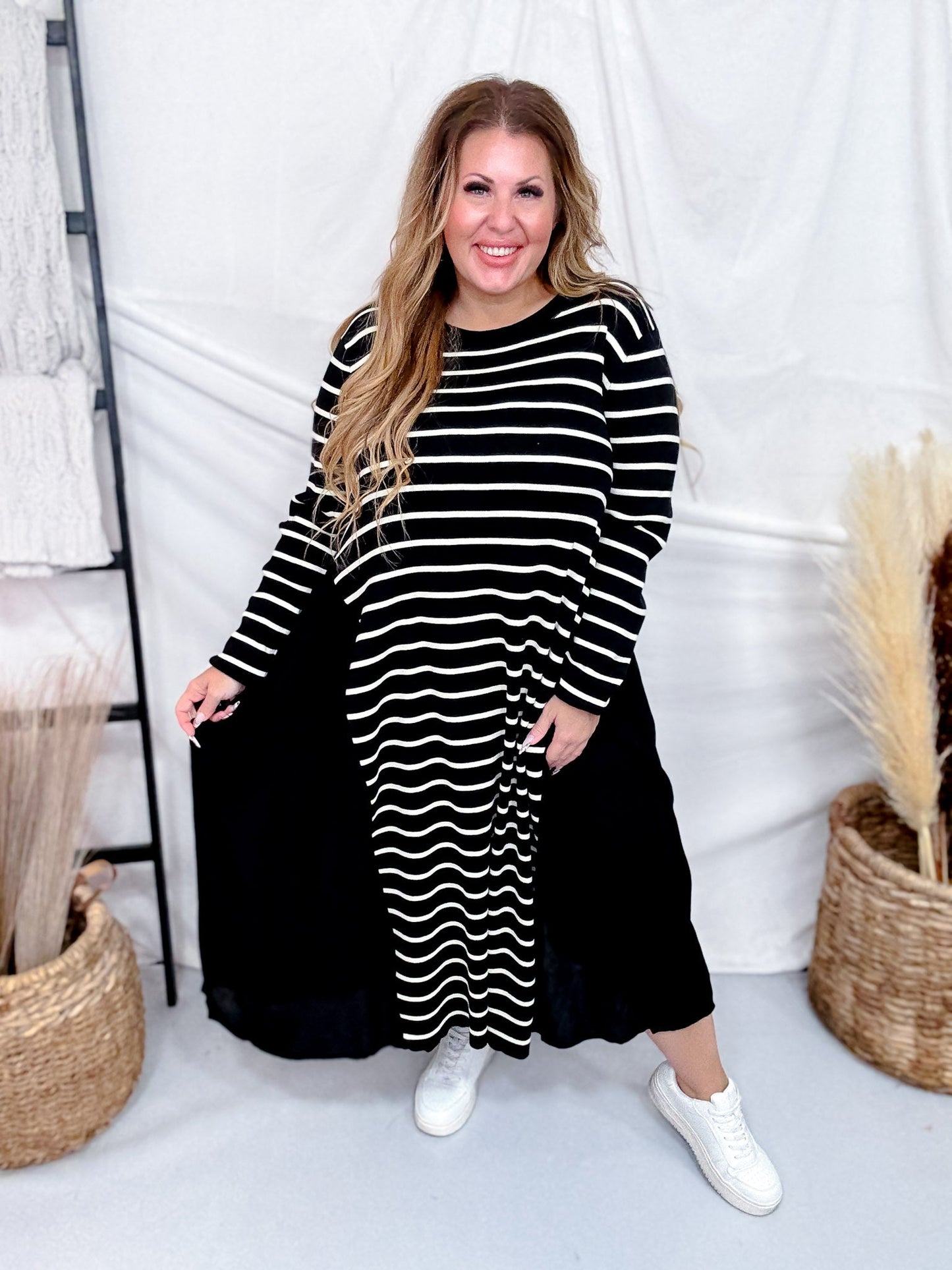 Black & White Striped Color Block Long Sleeve Dress - Whiskey Skies - J.NNA