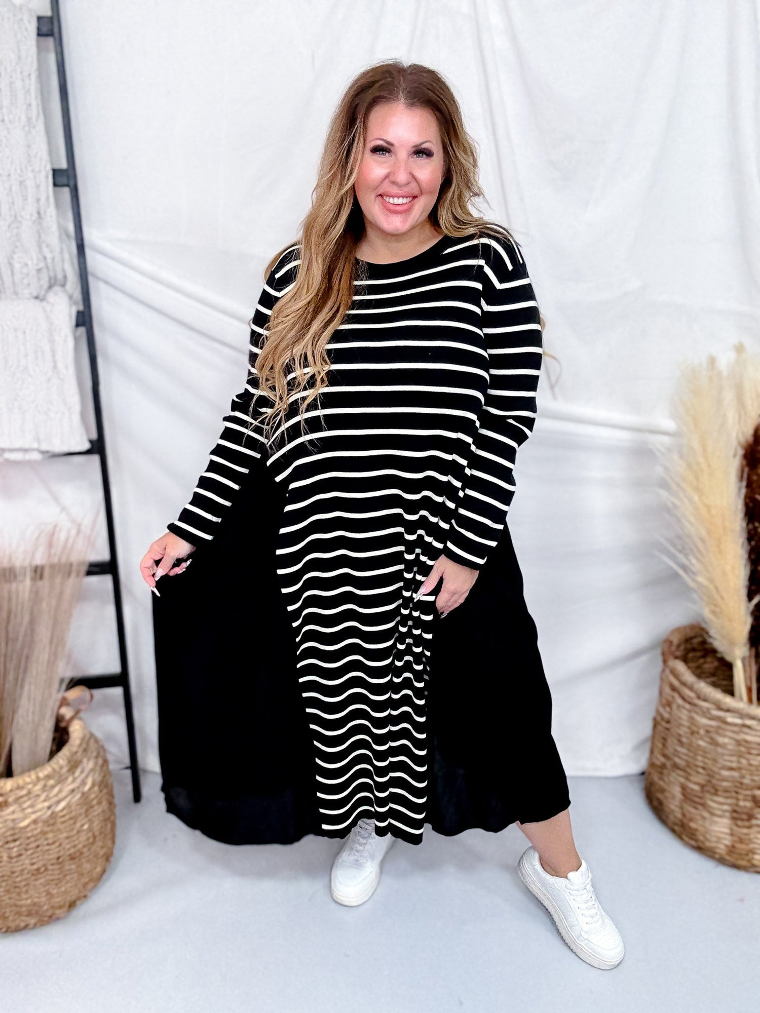 Black & White Striped Color Block Long Sleeve Dress