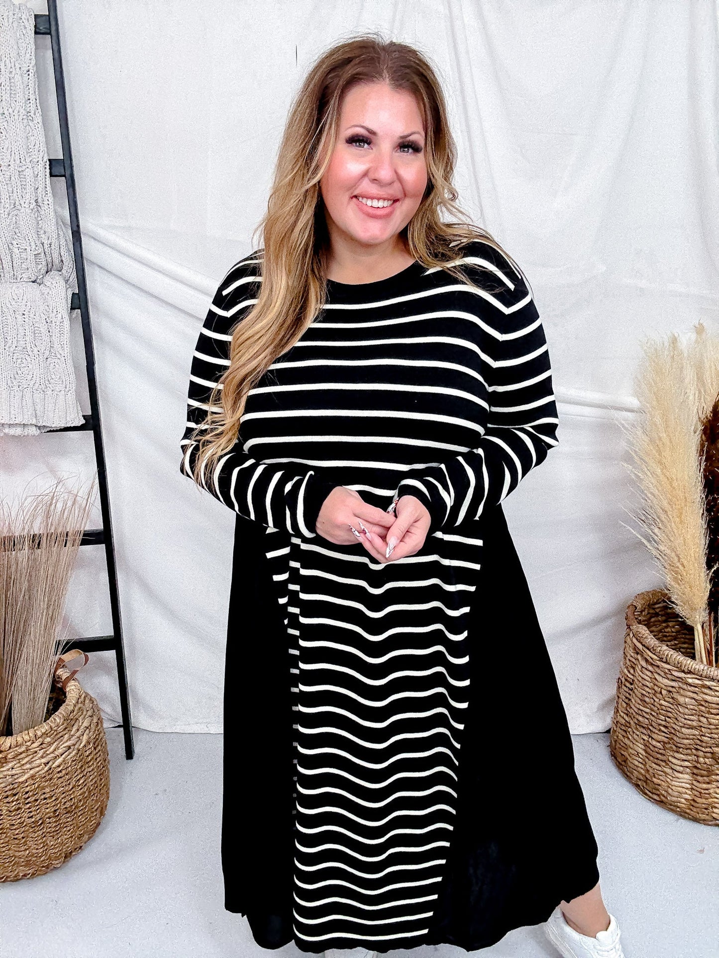 Black & White Striped Color Block Long Sleeve Dress - Whiskey Skies - J.NNA