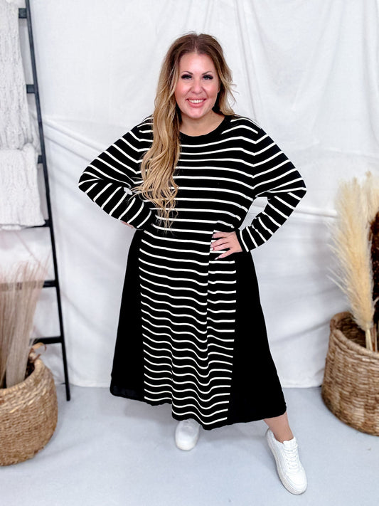 Black & White Striped Color Block Long Sleeve Dress - Whiskey Skies - J.NNA
