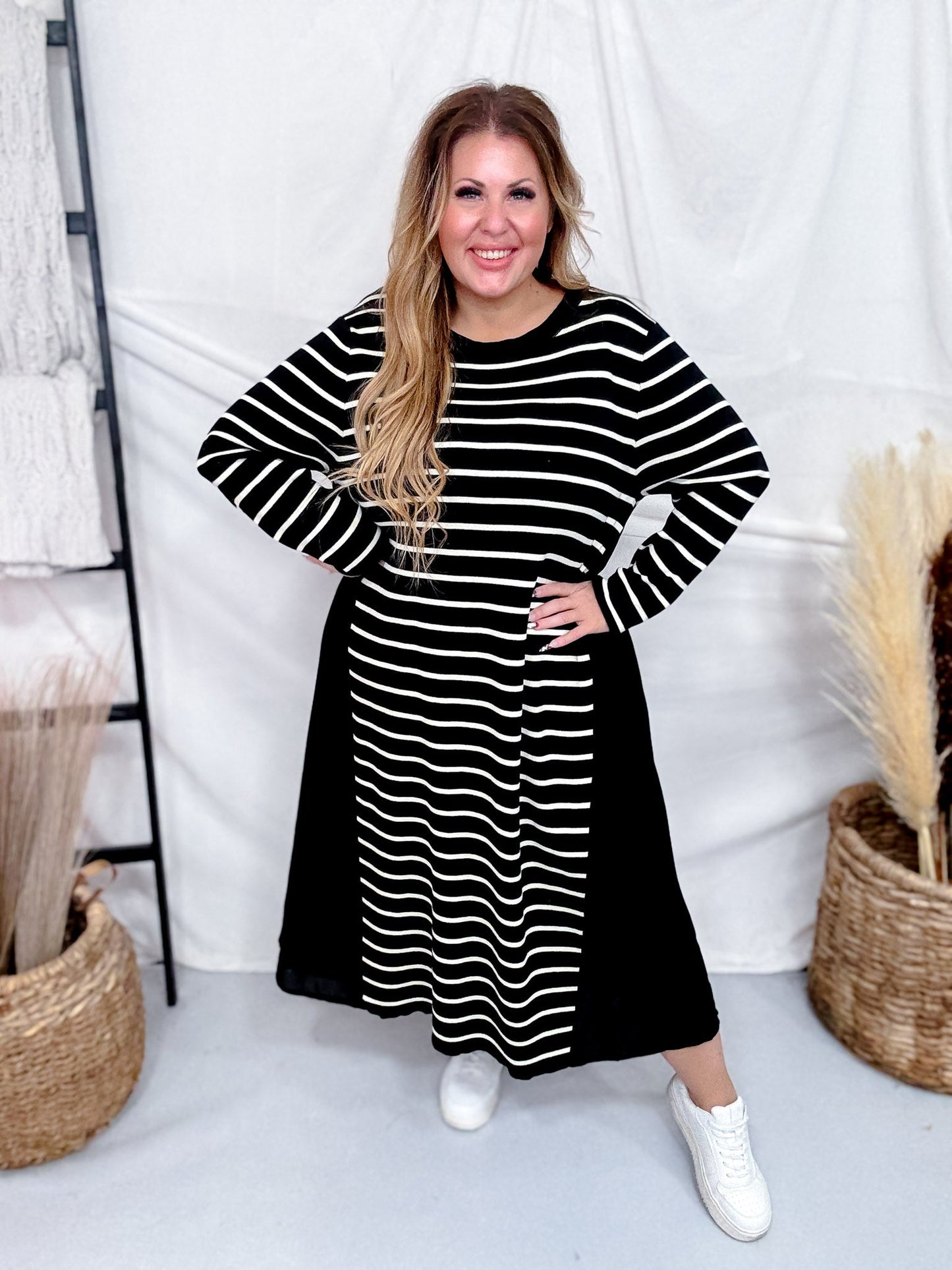 Black & White Striped Color Block Long Sleeve Dress - Whiskey Skies - J.NNA