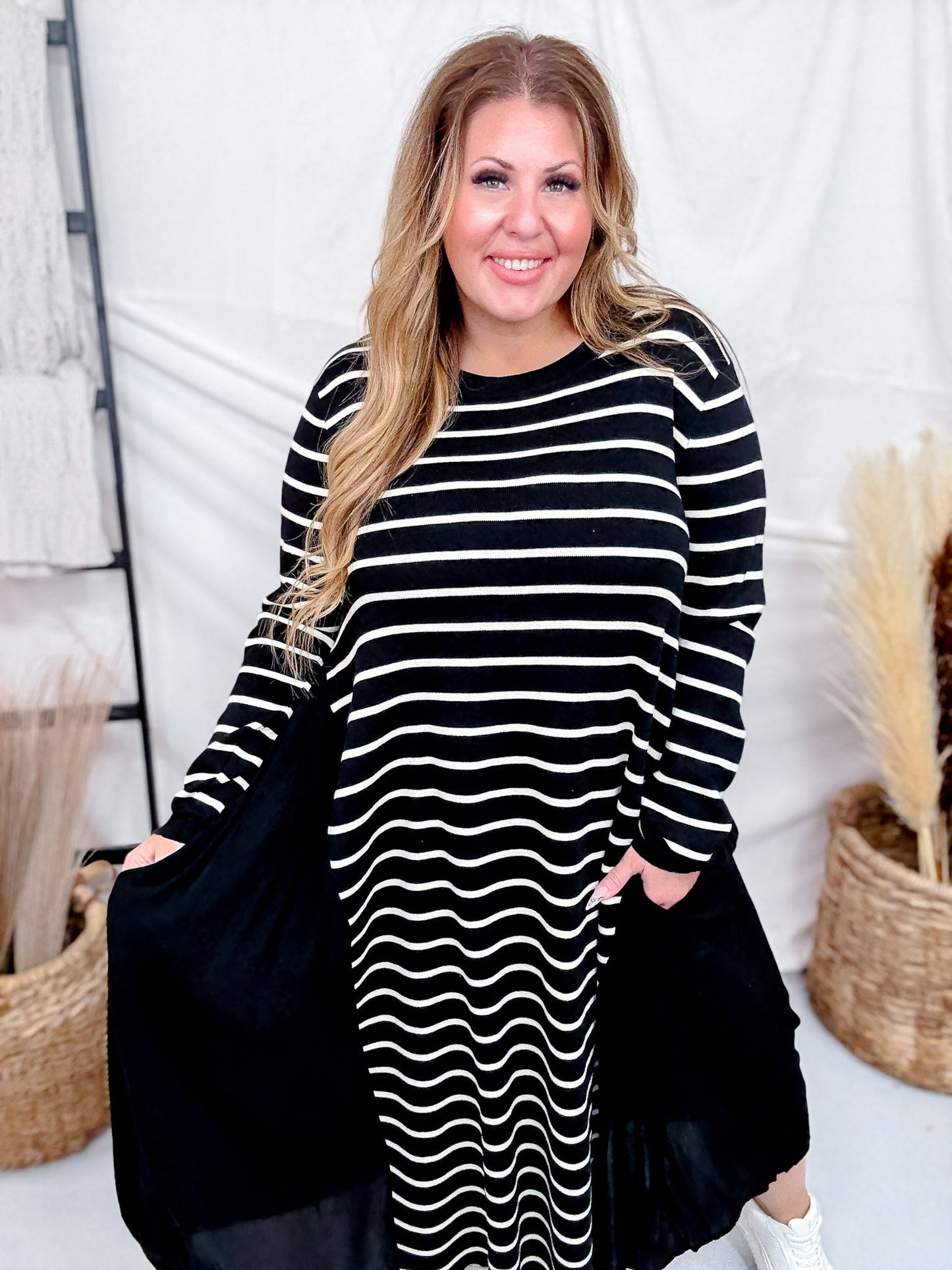 Black & White Striped Color Block Long Sleeve Dress - Whiskey Skies - J.NNA