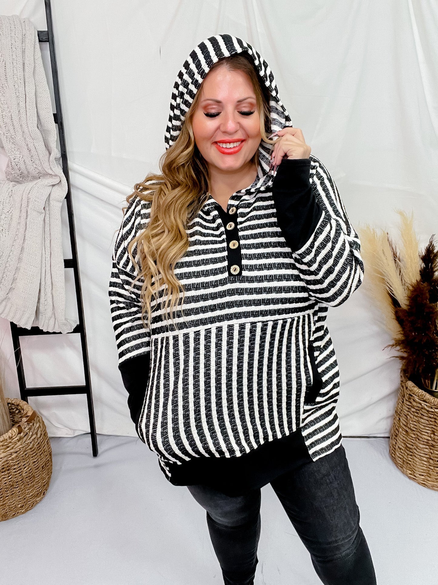 Black & White Striped Hooded Top - Whiskey Skies - HEIMISH