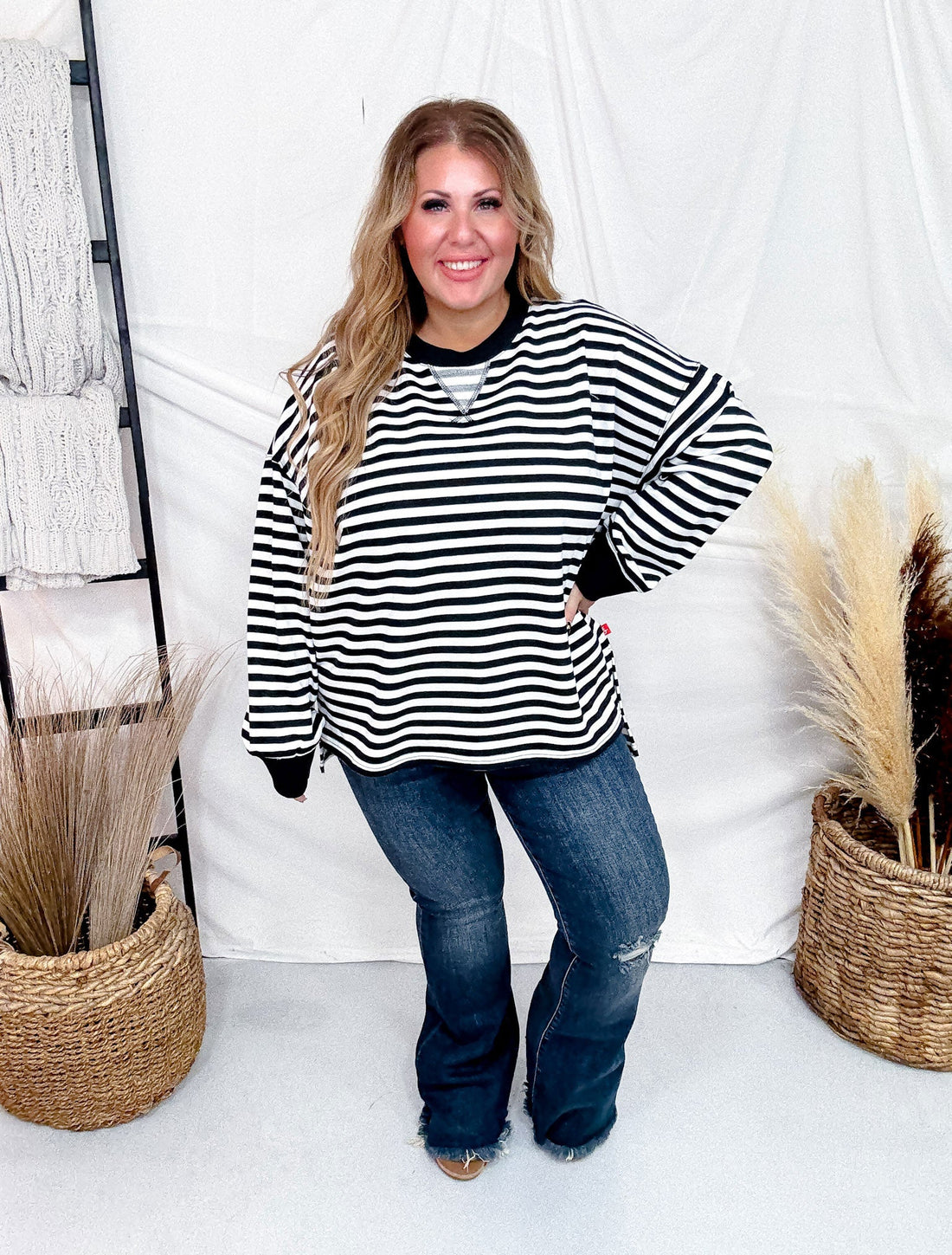 Black & White Striped Long Sleeve Top With Side Slits - Whiskey Skies - WHITE BIRCH