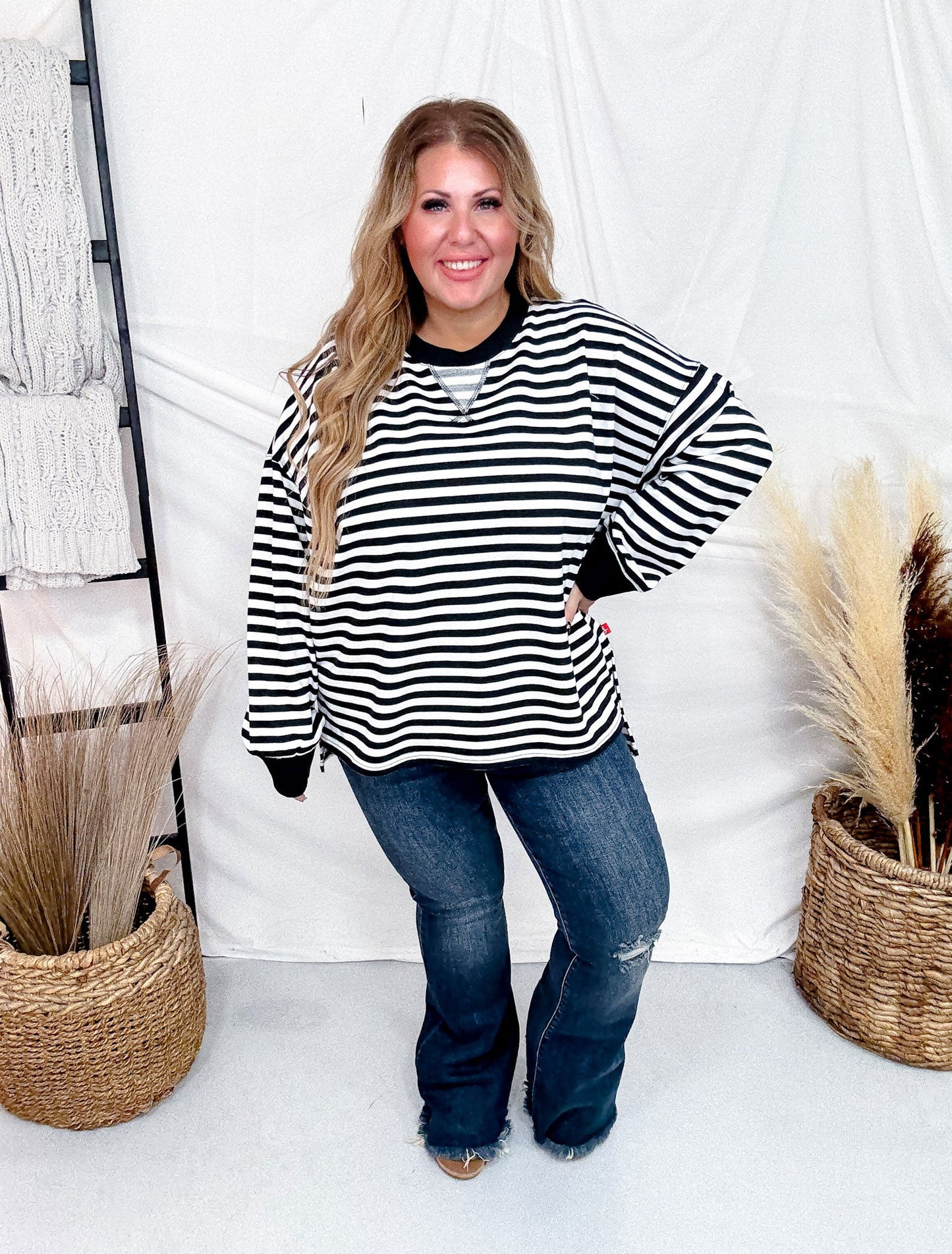 Black & White Striped Long Sleeve Top With Side Slits - Whiskey Skies - WHITE BIRCH