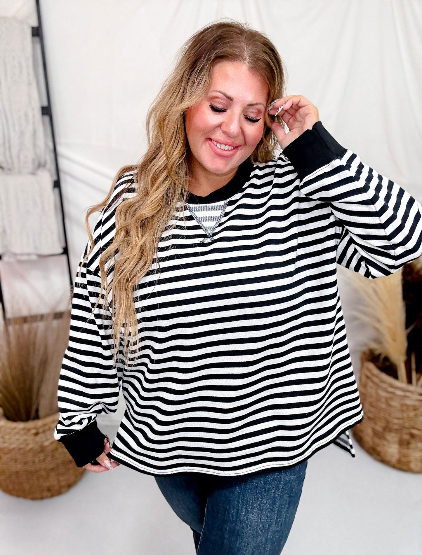 Black & White Striped Long Sleeve Top With Side Slits - Whiskey Skies - WHITE BIRCH