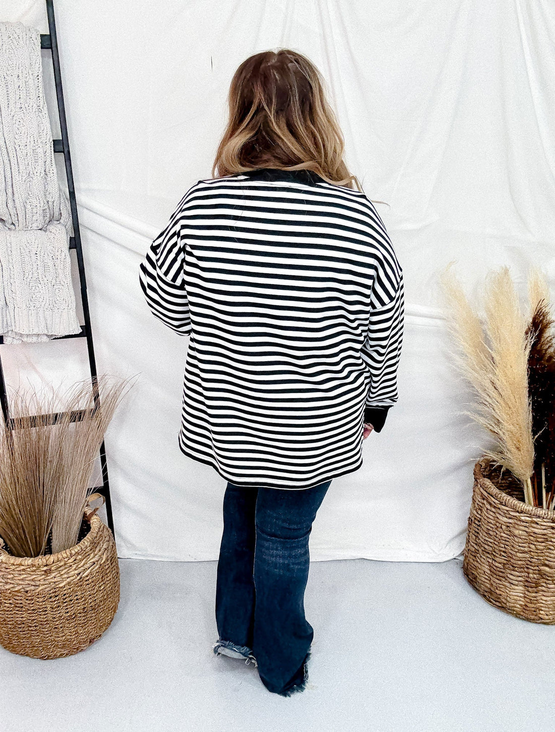 Black & White Striped Long Sleeve Top With Side Slits - Whiskey Skies - WHITE BIRCH