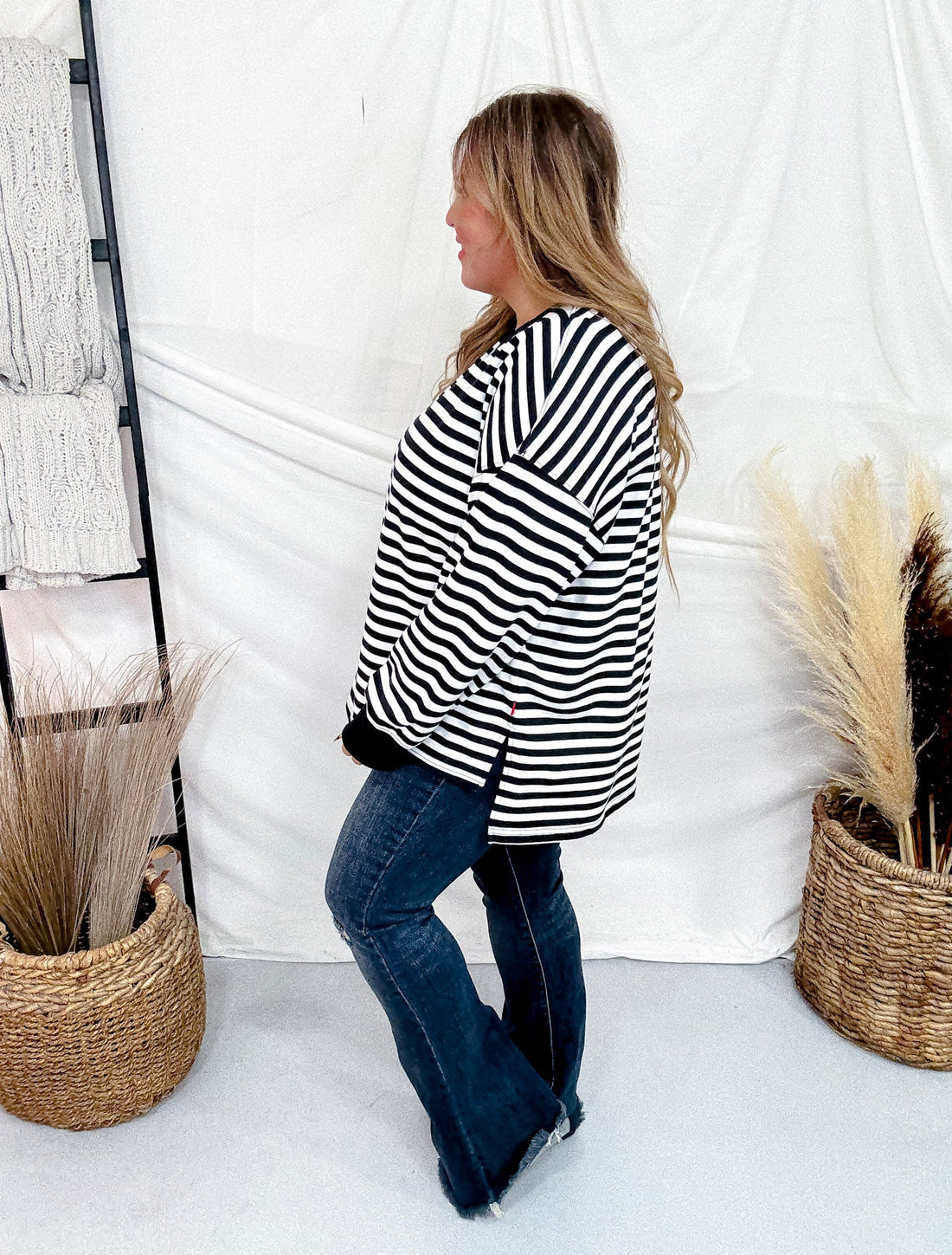 Black & White Striped Long Sleeve Top With Side Slits - Whiskey Skies - WHITE BIRCH