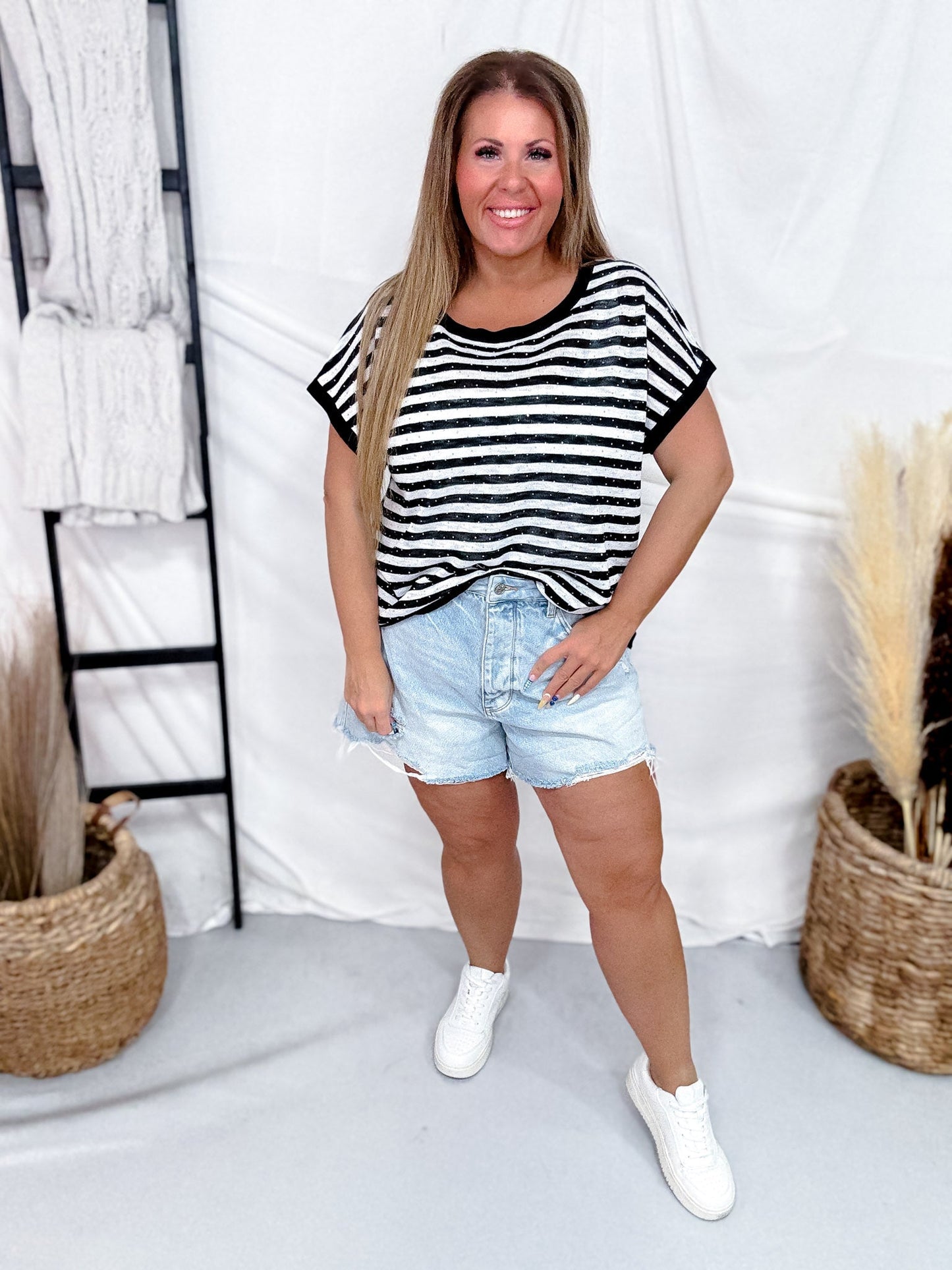 Black & White Striped Short Sleeve Top With Rhinestone Accents - Whiskey Skies - SEW IN LOVE